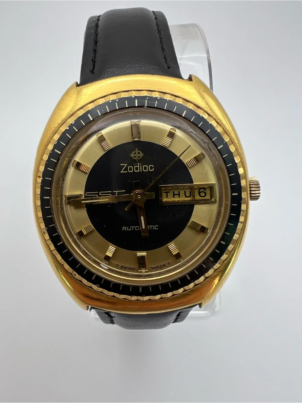 Zodiac Gold Tone Watch with Black Dial